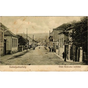 1916 Székelyudvarhely, Odorheiu Secuiesc; Orbán Balázs utca, vashíd, üzlet. Sterba Ödön kiadása / Straße, Brücke, Geschäft ...