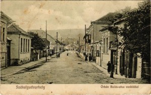 1916 Székelyudvarhely, Odorheiu Secuiesc; Orbán Balázs utca, vashíd, üzlet. Sterba Ödön kiadása / Straße, Brücke, Geschäft ...