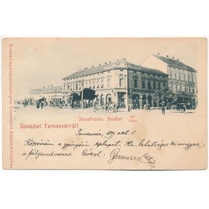 1899 (Vorläufer) Temesvár, Timisoara; Józsefváros, Scudier tér, Gaszner József üzlete, piac...