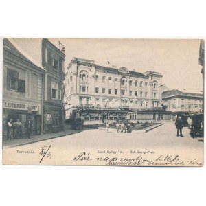 1905 Temesvár, Temešvár; Szent György tér, Első Takarékpénztár, Leitenbor József üzlete / námestie, sporiteľňa, obchod ...