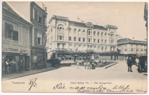 1905 Temesvár, Timisoara; Szent György tér, Első Takarékpénztár, Leitenbor József üzlete / piazza, cassa di risparmio, negozio ...