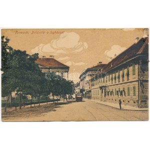 Temesvár, Timisoara; Balázs tér, fogház, börtön, villamos. Polatsek kiadása / piazza, prigione, tram (ázott / danno da bagnato...