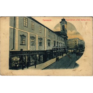 1914 Temesvár, Timisoara; Szeminárium a Szent György téren, Tóth Béla, Ruschil Rezső, Czermák üzlete, villamos...