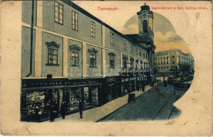 1914 Temesvár, Timisoara ; Szeminárium a Szent György téren, Tóth Béla, Ruschil Rezső, Czermák üzlete, villamos...