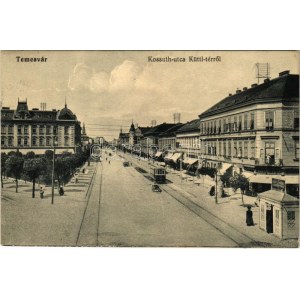 1914 Temesvár, Timisoara; Kossuth utca a Küttl térről, villamos, Elite kávéház és sörcsarnok...