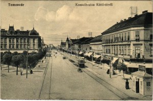 1914 Temesvár, Timisoara; Kossuth utca a Küttl térről, villamos, Elite kávéház és sörcsarnok...