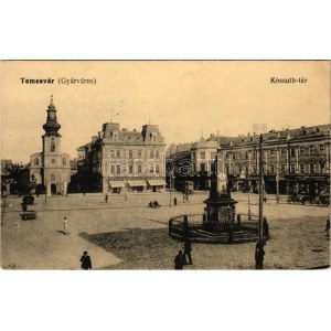 1917 Temesvár, Timisoara; Gyárváros, Kossuth tér, villamos, templom, Csendes és Fischer üzlete, emlékmű / Platz, Straßenbahn...