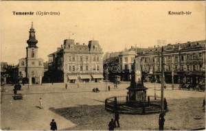1917 Temesvár, Timisoara; Gyárváros, Kossuth tér, villamos, templom, Csendes és Fischer üzlete, emlékmű / square, tram...