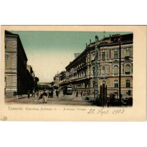 1903 Temesvár, Timisoara; Gyárváros, Andrássy út, villamos / Straßenansicht, Straßenbahn (EK)