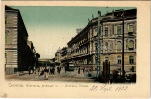 1903 Temesvár, Timisoara; Gyárváros, Andrássy út, villamos / Straßenansicht, Straßenbahn (EK)