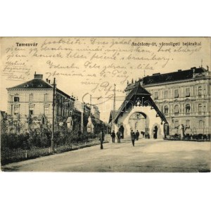 Temesvár, Timisoara; Andrássy út városligeti bejárattal. Polatsek kiadása / strada, ingresso del parco (EK...