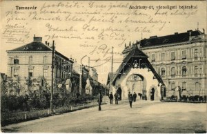 Temesvár, Timisoara; Andrássy út városligeti bejárattal. Polatsek kiadása / strada, ingresso del parco (EK...