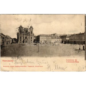 1903 Temesvár, Timisoara ; Losonczy tér, templom, Freund üzlete. Moravetz Gyula kiadása / Losonczer-Platz / square...