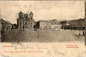 1903 Temesvár, Temešvár; Losonczy tér, templom, Freund üzlete. Moravetz Gyula kiadása / Losonczer-Platz / square...