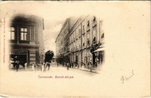 1901 Temesvár, Timisoara; Rezső utca, Wilhelm Mühle üzlete, villamos. Polatsek kiadása / widok ulicy, sklepy, tramwaj ...