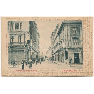 1902 Temesvár, Timisoara; Takarékpénztár utca, kerékpár, Probst Adolf üzlete. J. Raschka kiadása / widok ulicy, rower...