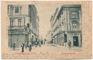 1902 Temesvár, Timisoara; Takarékpénztár utca, kerékpár, Probst Adolf üzlete. J. Raschka kiadása / Straßenansicht, Fahrrad...