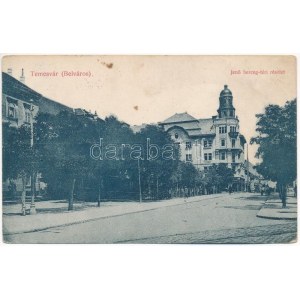 1913 Temesvár, Timisoara; Belváros, Jenő herceg tér, Általános hitelbank. Grün Károly kiadása / street view, square...