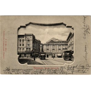 1902 Temesvár, Timisoara; Szent György tér, villamos, Varneky A. üzlete / Platz, Straßenbahn, Geschäfte (fl...