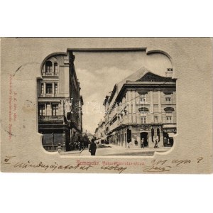 1901 Temesvár, Timisoara; Takarékpénztár utca, Probst Adolf utódai, Varneky A. üzlete. Polatsek kiadása / street view...