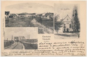 1907 Tövis, Teius ; Fő tér, izraelita templom, zsinagóga, Gyógypataki vashíd, MÁV vasúti vonal. Klein Mihály kiadása ...