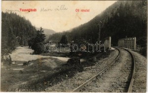 1909 Tusnádfürdő, Baile Tusnad; Olt részlet, vasúti híd. Adler fényirda / Eisenbahnbrücke, Flussufer (fl...
