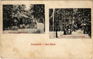 1908 Zajzon, Zaizon-fürdő, Zajzonfürdő, Zizin; Béla-forrás, Sétatér és teniszpálya / Adalbertquelle, Promenade u...