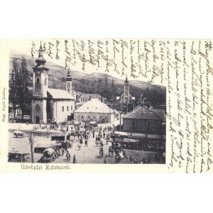 1904 Zalatna, Zlatna; Piac tér, árusok, templomok, üzlet. Nagy Árpád kiadása / market square, vendors, churches, shop ...