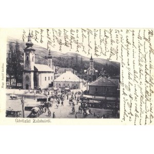 1904 Zalatna, Zlatna; Piac tér, árusok, templomok, üzlet. Nagy Árpád kiadása / náměstí, prodejci, kostely, obchod ...
