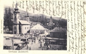 1904 Zalatna, Zlatna; Piac tér, árusok, templomok, üzlet. Nagy Árpád kiadása / market square, vendors, churches, shop ...