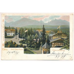 1903 Alsótátrafüred, Unter-Schmecks, Dolny Smokovec (Magas-Tátra, Vysoké Tatry); nyaralók magyar zászlókkal...