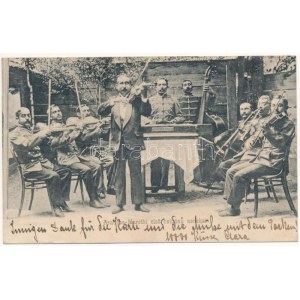 1904 Aranyosmarót, Zlaté Moravce; Első cigány zenekar / prima banda di musica gitana (ázott / danno umido...