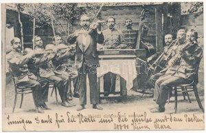 1904 Aranyosmarót, Zlaté Moravce; Első cigány zenekar / erste Zigeunermusikkapelle (ázott / Nassschaden...