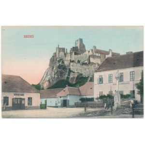 Beckó, Beczkó, Beckov; vár, Kohn Mór üzlete, iskola. Bruck Gyula felvétele és kiadása / hrad / castle, shop...