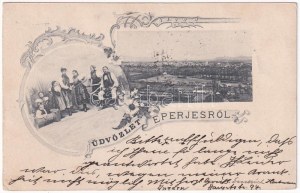 1899 (Vorläufer) Eperjes, Prešov; népviselet / folklór. Secesný, kvetinový