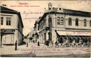 1905 Eperjes, Presov; Fő utca, Berger szálloda és kávéház, cukrász üzlet. Cattarino Sándor kiadása / main street...