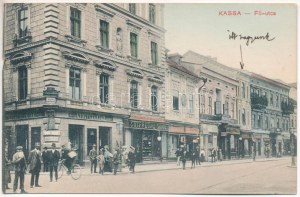 1914 Kassa, Kosice; Fő utca, gyógyszertár, Gutfreund Samu üzlete / main street, pharmacy, shops (szakadás / tear...