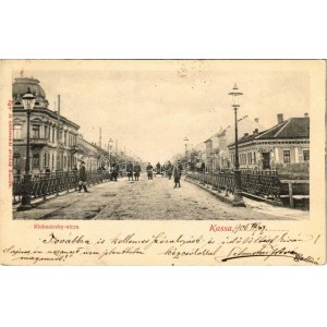 1906 Kassa, Kosice ; Klobusiczky utca, Urbán A. M. üzlete, híd / vue de la rue, magasin, pont