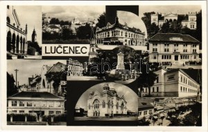 Losonc, Lucenec; mozaiklap zsinagógával / Mehransichtspostkarte mit Synagoge