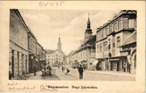 1918 Nagyszombat, Tyrnau, Trnava ; Nagy Lajos utca, üzletek, piac / vue de la rue, magasins, marché (fl)