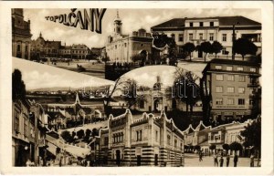 1950 Nagytapolcsány, Topolcany; mozaiklap zsinagógával / Mehransichtspostkarte mit Synagoge (EK)