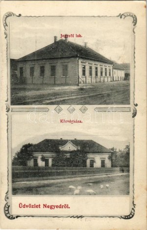 1917 Negyed, Neded; Jegyzői lak és községháza. Ungár Mór fényképész / Notár a radnica. Secesia (fl...