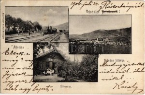 1906 Pelsőc, Plesivec ; Vasútállomás vonattal, I. és II étterem. Sajó Vidék kiadása / Bahnhof ...