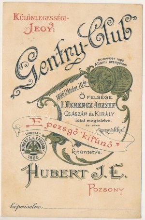 Pozsony, Pressburg, Bratislava; Hubert J. E. pezsgő reklámja. Hátoldalon a Gentry-Club különlegességi jegye ...