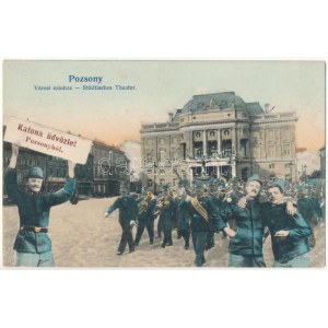 1907 Pozsony, Pressburg, Bratislava; Városi színház. Katonai üdvözlet montázs / Teatro...