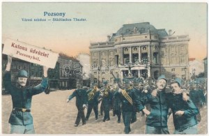 1907 Pozsony, Pressburg, Bratysława; Városi színház. Katonai üdvözlet montázs / Theatre...