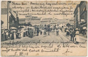 1904 Pozsony, Pressburg, Bratysława; Vásártér, Szálloda az Arany Szarvashoz, üzletek / Marktplatz / rynek, hotel...