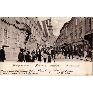 1901 Pozsony, Pressburg, Bratislava; Mihálykapu utca, Schwarz testvérek üzlete / Michaelerthorgasse / strada, negozi (EK...