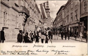 1901 Pozsony, Pressburg, Bratysława; Mihálykapu utca, Schwarz testvérek üzlete / Michaelerthorgasse / ulica, sklepy (EK...