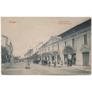 Pöstyén, Piestany; Ferenc József út, üzletek. Kaiser Ede kiadása / Franz Josef-Strasse / Straßenansicht, Geschäfte ...